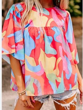 Women’s Multicolor Abstract Print Flutter Sleeve Top size Large